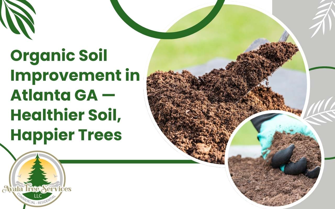 Compost being mixed into garden soil for trees in Atlanta