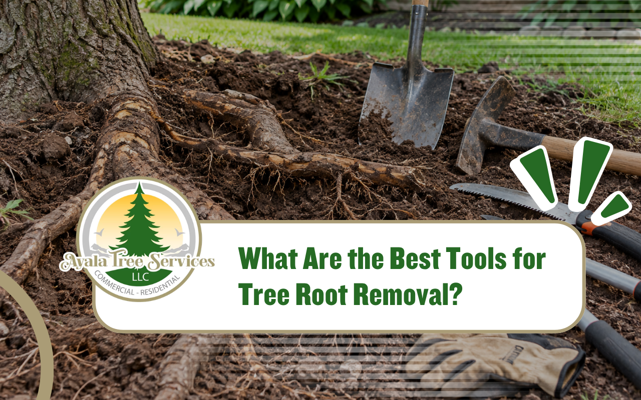Best tools for tree root removal displayed beside exposed roots