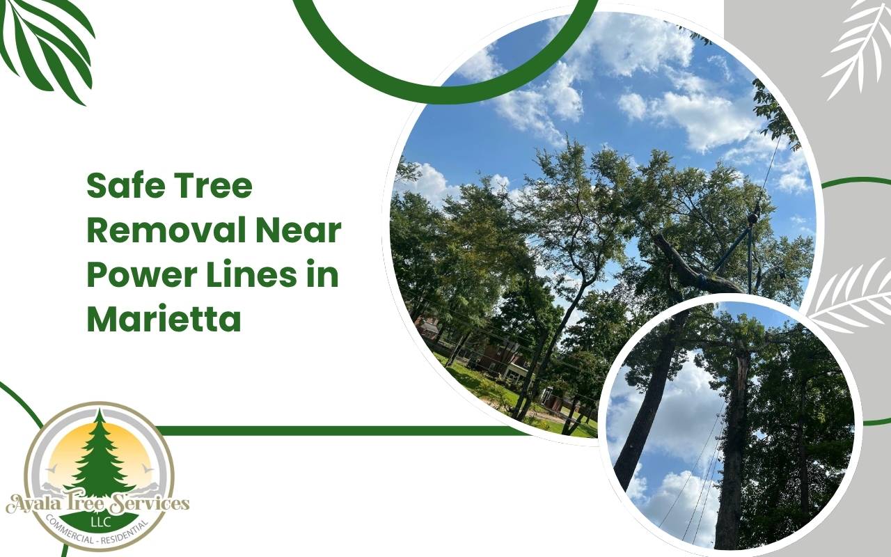 Certified arborist performing safe tree removal near power lines in Marietta