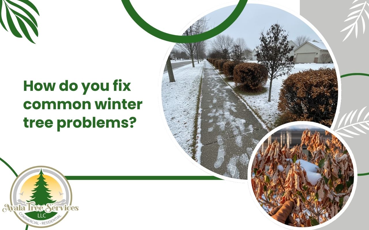 Homeowner inspecting branches for common tree problems in winter and how to fix them