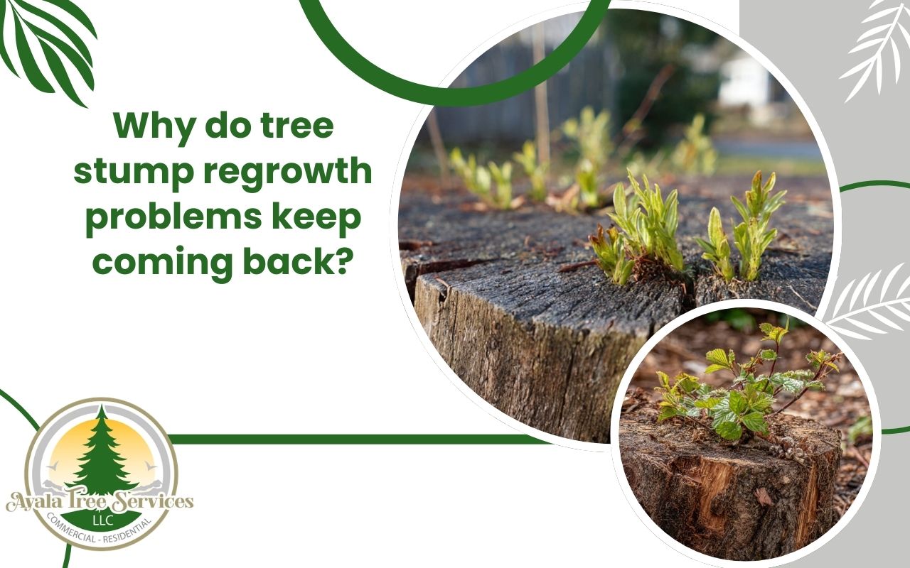 Tree stump regrowth problems with sprouting roots around a stump