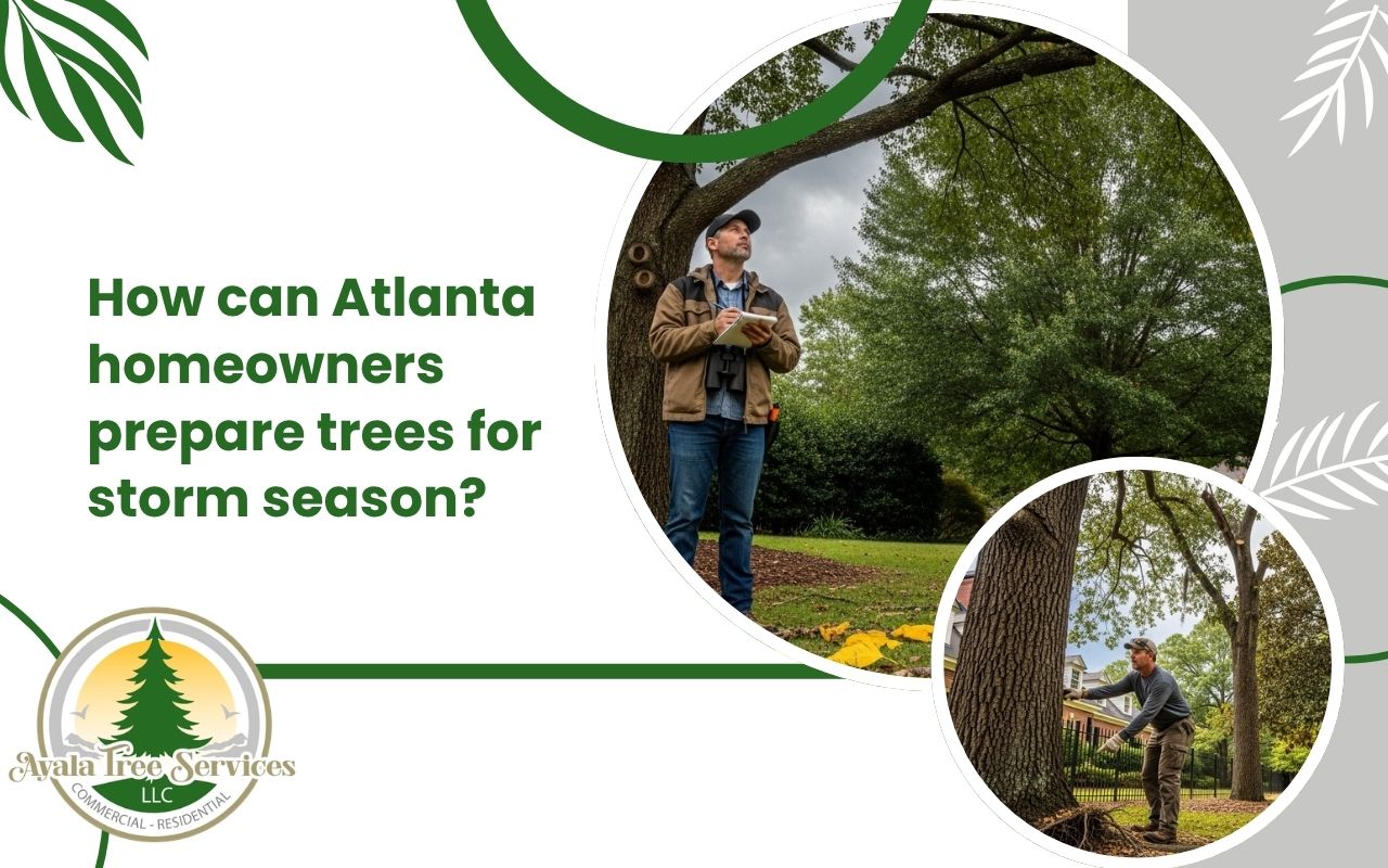 Homeowner doing Atlanta storm season tree prep with a yard inspection