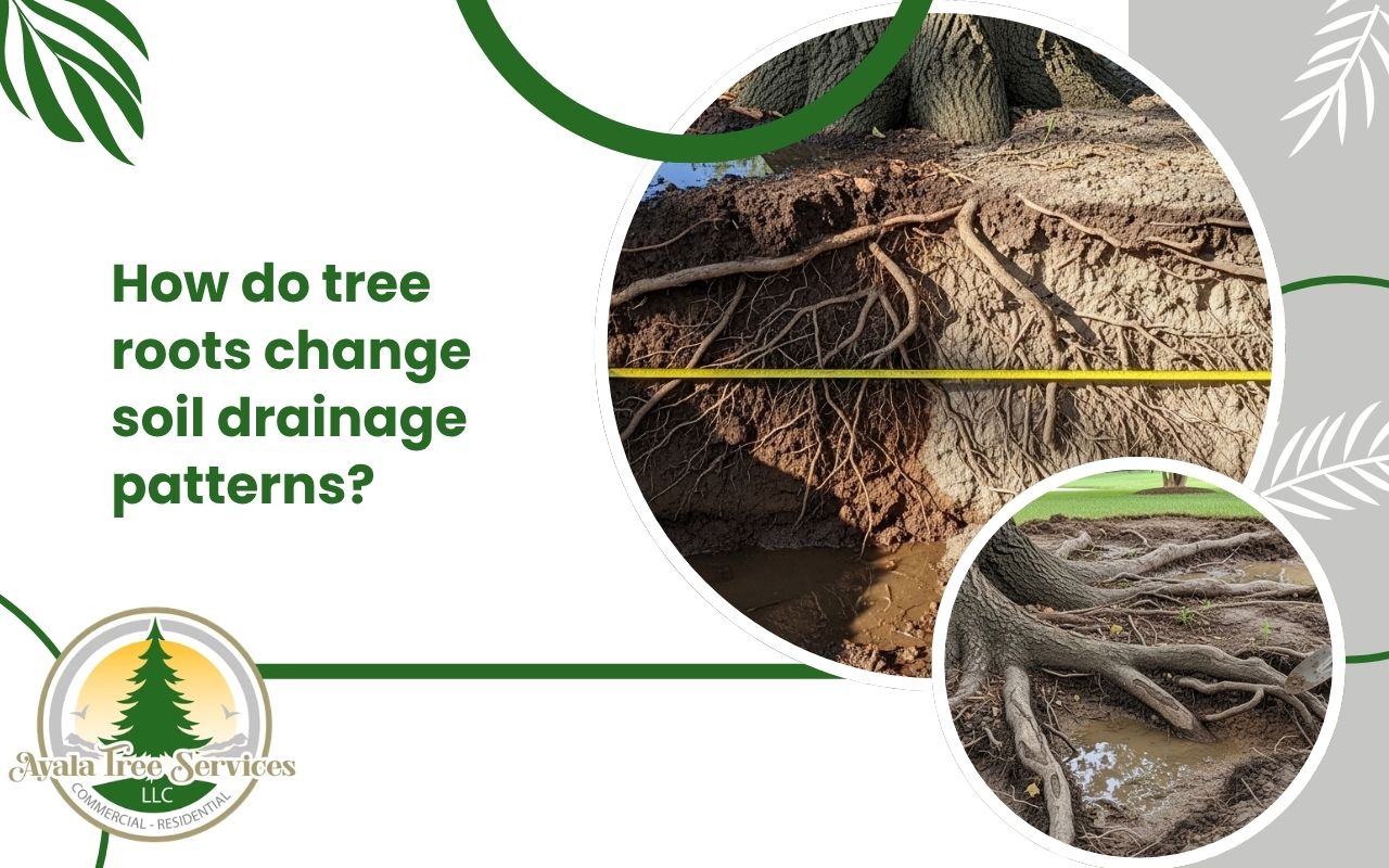 Yard inspection showing how tree roots affect soil drainage near a large tree