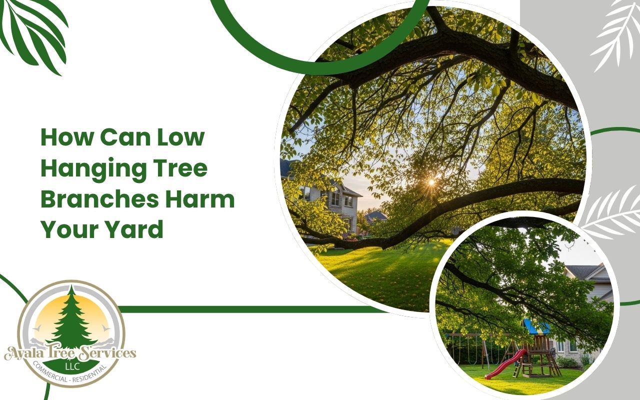 Low hanging tree branches over a safe residential yard