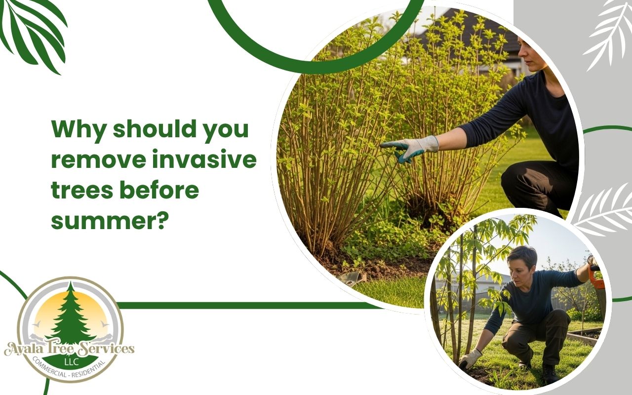 homeowner checking removing invasive trees before summer growth in a backyard