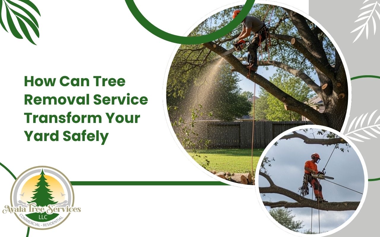 tree removal service clearing unsafe branches from a backyard