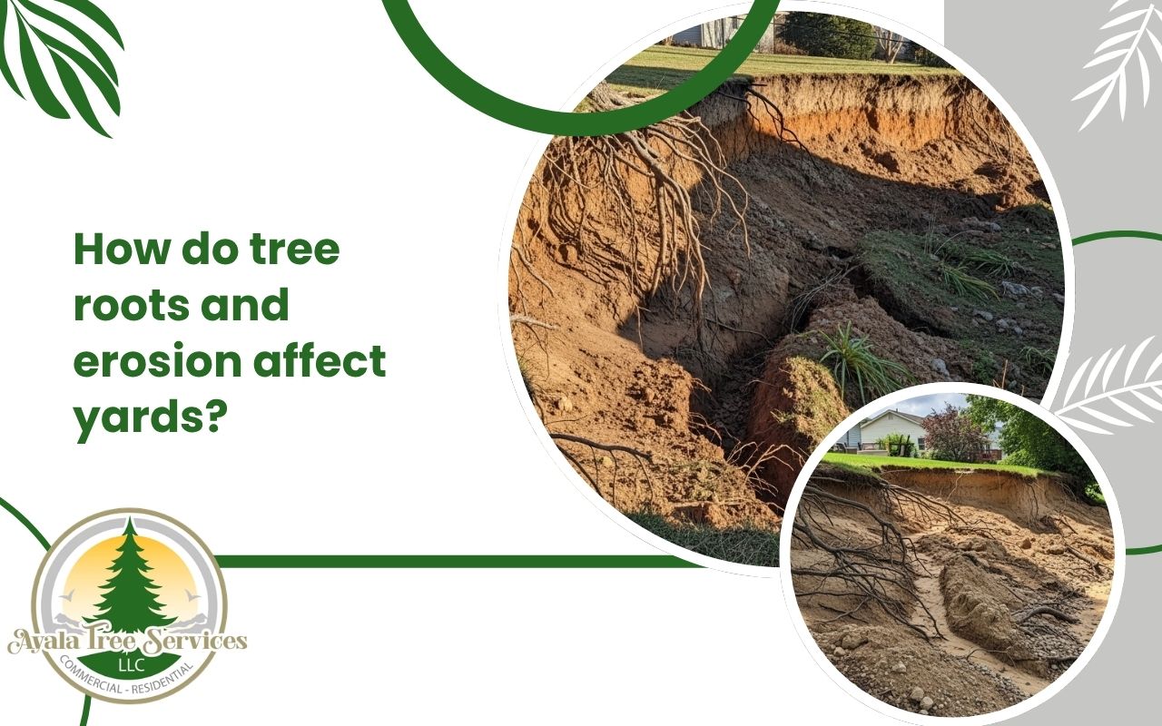 tree roots and landscape erosion on a sloped residential yard