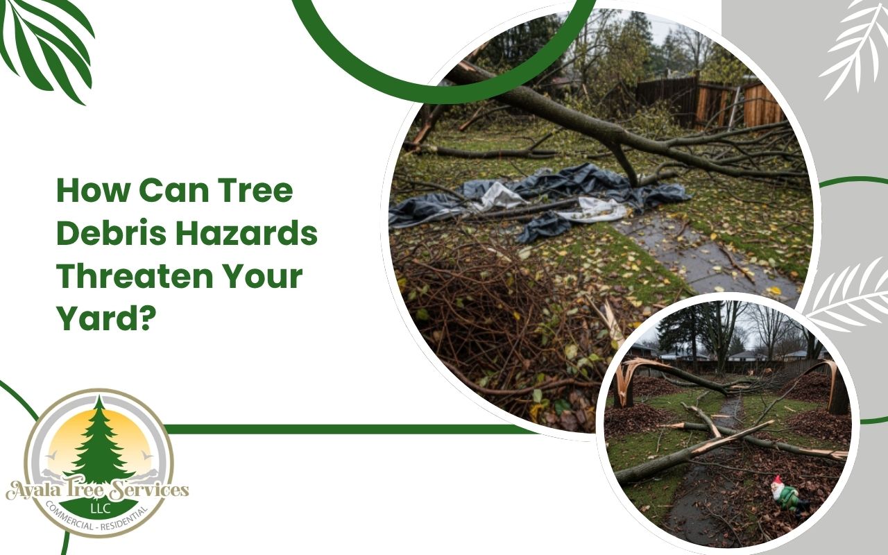 Tree debris hazards in a yard with fallen branches and leaves
