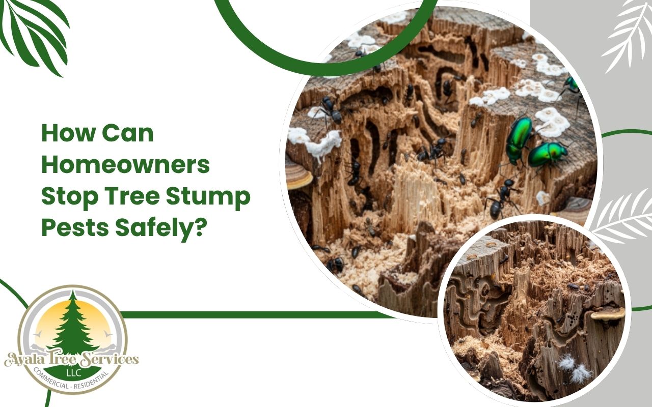 Tree stump pests inspection showing old wood, insects, and decay signs