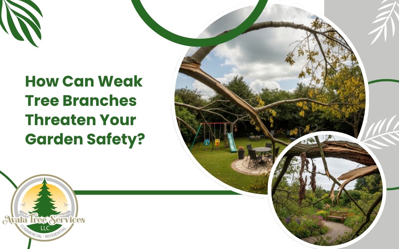 Weak tree branches above a garden showing safety risks