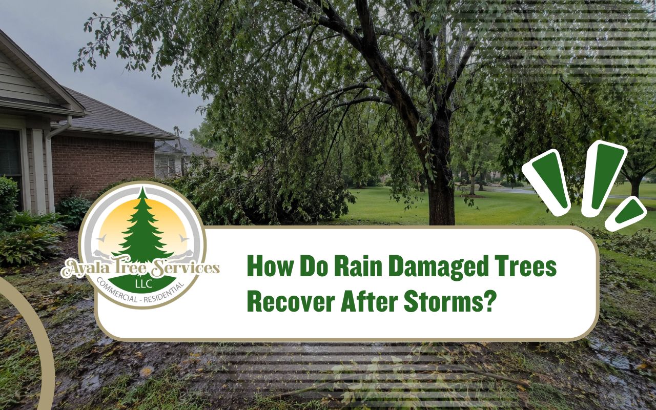 rain damaged trees showing wet soil after a storm