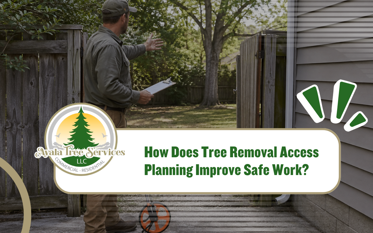 Tree removal access planning during a yard assessment